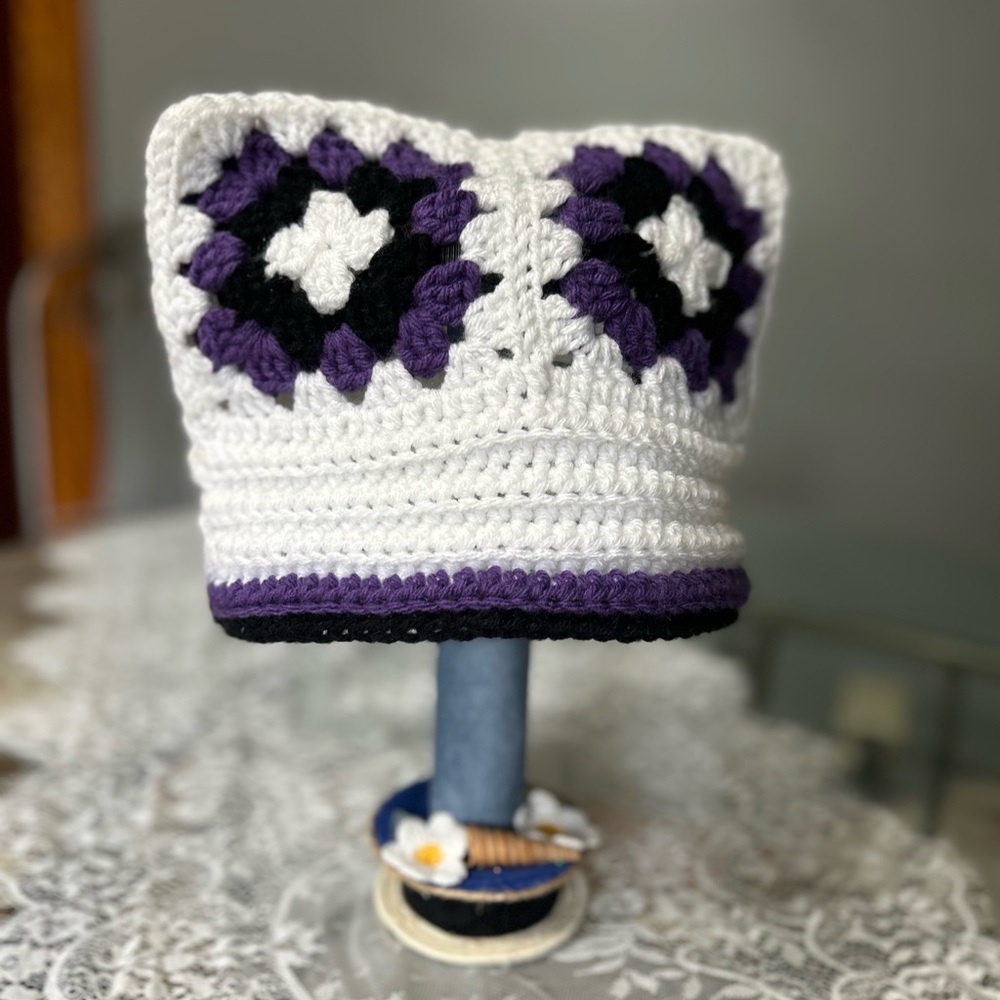 Handcrafted Purple and White Crochet Woman’s Hat